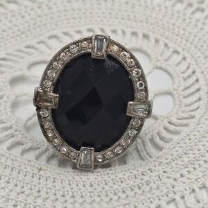 Vintage Monet Statement Ring Cocktail Black Rhinestones Crystal Silver tone 7.5